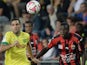 Nantes' Israeli forward Itay Shechter (L) vies with Nice's French and Haitian defender Romain Genevois during the French L1 football match between Nantes (FCN) and Nice (OGCN) on September 20, 2014