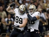Josh Hill and Jimmy Graham #80 of the New Orleans Saints celebrate a touchdown during the first quarter of a game against the Minnesota Vikings on September 21, 2014