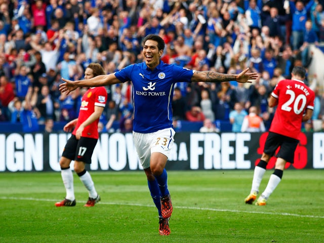 Leonardo Ulloa of Leicester City scores his team's fifth goal from the penalty spot during the Barclays Premier League match between Leicester City and Manchester United at The King Power Stadium on September 21, 2014