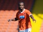 Nathan Delfouneso of Blackpool in action during the Pre Season Friendly match between Blackpool and Burnley at Bloomfield Road on August 2, 2014