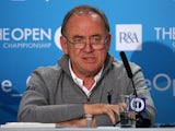 Peter Dawson, Chief Executive of the R&A talks to the media during a practice round prior to the start of The 143rd Open Championship at Royal Liverpool on July 16, 2014