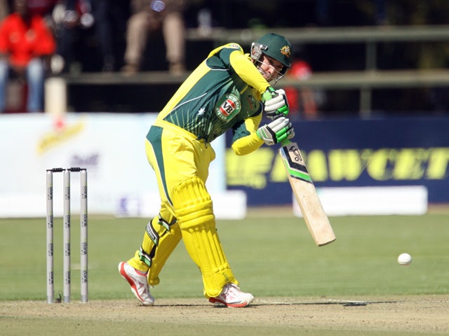 Australia batsman Phil Hughes is in action during the cricket match between Australia and South Africa in the one day international tri-series which includes Zimbabwe at the Harare Sports Club, on August 27, 2014