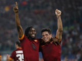 Gervinho with his teammate Juan Manuel Iturbe of AS Roma celebrates after scoring the second team's goal during the UEFA Champions League Group E match between AS Roma and PFC CSKA Moskva on September 17, 2014