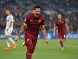 AS Roma's Argentinian forward Juan Manuel Iturbe celebrates after scoring during the UEFA Champions League group E football match As Roma vs CSKA Moskva on September 17, 2014