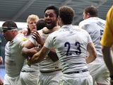 Billy Vunipola of Saracans celebrates after his team score a late try to win the game during the Aviva Premiership match between London Irish and Saracens at Madejski Stadium on September 20, 2014