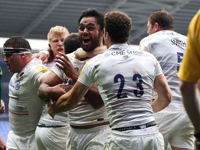 Billy Vunipola of Saracans celebrates after his team score a late try to win the game during the Aviva Premiership match between London Irish and Saracens at Madejski Stadium on September 20, 2014