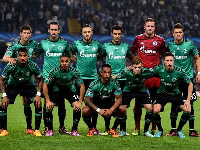 The Schalke team pose for the cameras prior to kickoff the UEFA Champions League Group G match between Chelsea and FC Schalke 04 on September 17, 2014