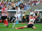 Gylfi Sigurdsson of Swansea shoots at goal during the Barclays Premier League match between Swansea City and Southampton at Liberty Stadium on September 20, 2014