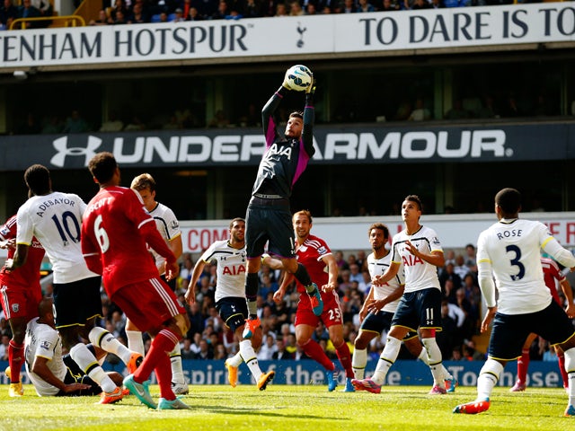 Goalkeeper Hugo Lloris of Spurs claims a cross during the Barclays Premier League match between Tottenham Hotspur and West Bromwich Albion at White Hart Lane on September 21, 2014 
