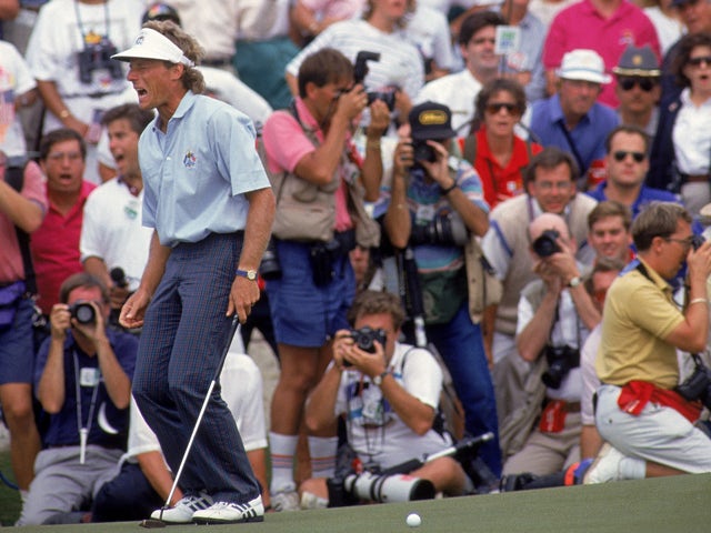Agony for Bernhard Langer of the European team as he misses a putt to win his Final Day Singles match in the Ryder Cup on September 29, 1991