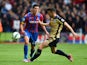 Martin Kelly of Crystal Palace battles for the ball with David Nugent of Leicester City during the Barclays Premier League match between Crystal Palace and Leicester City at Selhurst Park on September 27, 2014