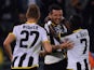 Cyril Thereau (C) of Udinese celebrates with team mates after scoring the opening goal during the Serie A match against SS Lazio on September 25, 2014