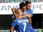 Empoli FC players celebrate a goal scored by Manuel Puciarelli during the Serie A match between AC Chievo Verona and Empoli FC at Stadio Marc'Antonio Bentegodi on September 28, 2014