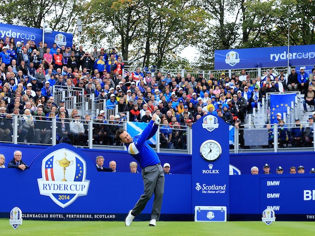 Graeme McDowell of Europe tees off on the 1st hole during the Singles Matches of the 2014 Ryder Cup on the PGA Centenary course at Gleneagles on September 28, 2014