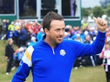 Graeme McDowell of Europe walks to the 1st tee during the Singles Matches of the 2014 Ryder Cup on the PGA Centenary course at Gleneagles on September 28, 2014