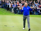 Graeme McDowell of Europe celebrates victory on the 17th hole during the Singles Matches of the 2014 Ryder Cup at Gleneagles on September 28, 2014