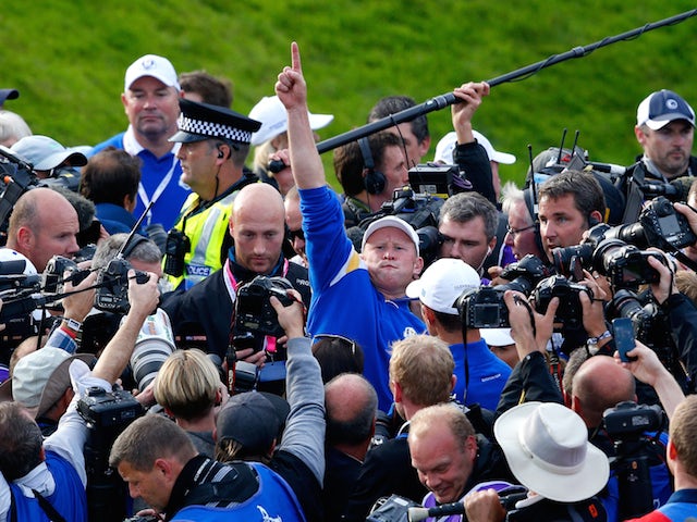 Jamie Donaldson of Europe celebrates on the 15th hole after Europe won the Ryder Cup with Donaldson defeating Keegan Bradley at Gleneagles on September 28, 2014