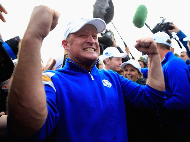 Jamie Donaldson of Europe celebrates on the 15th hole after Europe won the 40th Ryder Cup at Gleneagles on September 28, 2014