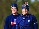 Jim Furyk (L) and Hunter Mahan of the United States watch from the 7th tee during the Morning Fourballs of the 2014 Ryder Cup on the PGA Centenary course at Gleneagles on September 27, 2014