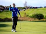 Justin Rose of Europe celebrates a putt on the 6th hole during the Afternoon Foursomes of the 2014 Ryder Cup on the PGA Centenary course at Gleneagles on September 26, 2014
