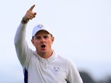 Justin Rose of Europe celebrates his putt to win the 8th hole during the Morning Fourballs of the 2014 Ryder Cup on the PGA Centenary course at Gleneagles on September 27, 2014