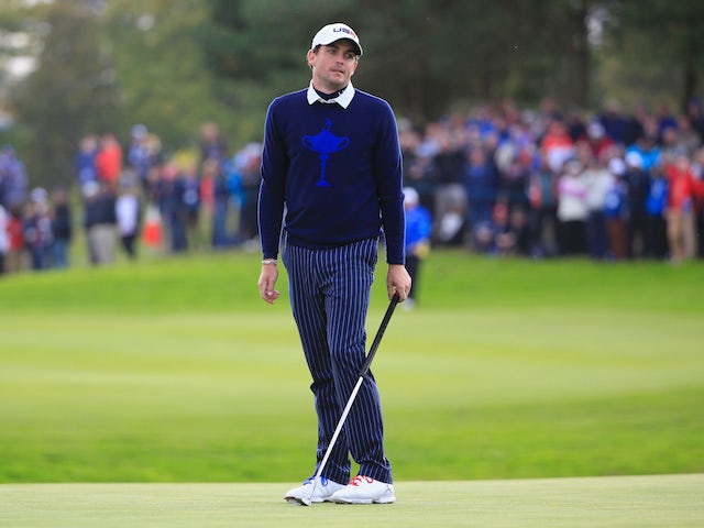 Keegan Bradley of the United States reacts after his putt on the 11th green during the Afternoon Foursomes of the 2014 Ryder Cup on the PGA Centenary course at Gleneagles on September 26, 2014