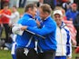 Jamie Donaldson (L) and Lee Westwood of Europe celebrate victory during the Afternoon Foursomes of the 2014 Ryder Cup on the PGA Centenary Course at Gleneagles on September 26, 2014