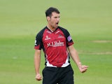Lewis Gregory of Somerset celebrates dismissing Jason Roy of Surrey during the Royal London One-Day Cup match between Surrey and Somerset at The Kia Oval on August 20, 2014