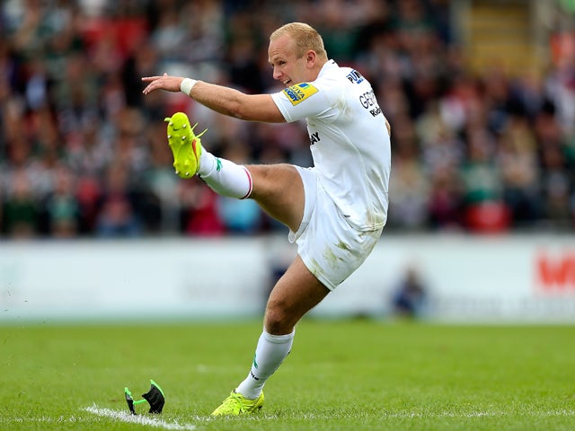 Shane Geraghty of London Irish kicks a penalty during the Aviva Premiership match between Leicester Tigers and London Irish at Welford Road on September 27, 2014