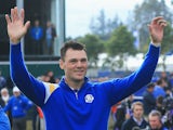 Martin Kaymer of Europe waves to the crowd on the 1st tee during the Singles Matches of the 2014 Ryder Cup on the PGA Centenary course at Gleneagles on September 28, 2014