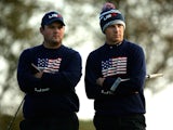 Patrick Reed and Jordan Spieth of the United States look on from the 4th green during the Morning Fourballs of the 2014 Ryder Cup on the PGA Centenary course at Gleneagles on September 27, 2014