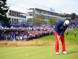 Phil Mickelson of the United States putts on the 1st hole during the Singles Matches of the 2014 Ryder Cup on the PGA Centenary course at Gleneagles on September 28, 2014