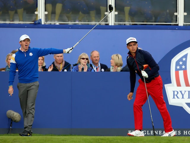 Rory McIlroy of Europe and Rickie Fowler of USA on the tee on day three of the 40th Ryder Cup at Gleneagles on September 28, 2014