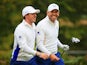 Rory McIlroy and Sergio Garcia of Europe share a joke at the 5th tee during the Afternoon Foursomes of the 2014 Ryder Cup on the PGA Centenary course at Gleneagles on September 27, 2014