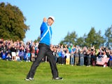 Sergio Garcia of Europe celebrates after he chipped in from a bunker on the 4th hole during the Morning Fourballs of the 2014 Ryder Cup on the PGA Centenary course at Gleneagles on September 26, 2014