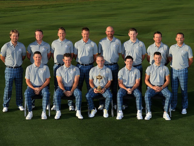 The 2014 European Ryder Cup team and captain Paul McGinley pose for a photo at Gleneagles ahead of the event on September 23, 2014