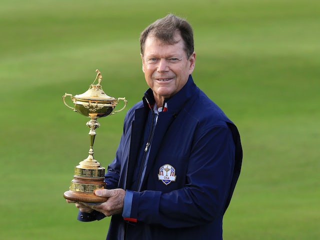 Team USA captain Tom Watson poses with the Ryder Cup ahead of the contest against Europe at Gleneagles on September 23, 2014