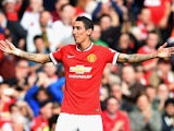 Angel Di Maria of Manchester United celebrates scoring the first goal during the Barclays Premier League match against Everton at Old Trafford on October 5, 2014