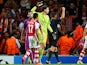 Wojciech Szczesny of Arsenal receives a red card from referee Gianluca Rocchi during the UEFA Champions League group D match between Arsenal FC and Galatasaray AS at Emirates Stadium on October 1, 2014
