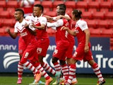 Charlton celebrate with Igor Vetokele after he scores to make it 1-0 during the Sky Bet Championship match between Charlton Athletic and Birmingham City at The Valley on October 4, 2014