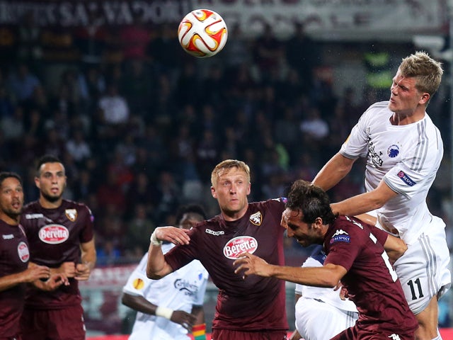 Copenhagen forward Andreas Cornelius tries to score during the Europa League Group B football match Torino vs Kobenhavn at the Olympic Stadium in Turin on October 2, 2014