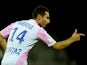 Evian's French midfielder Cedric Barbosa jubilate after scoring a goal during their French L1 football match Evian Thonon Gaillard against Metz (FC) on October 4, 2014 