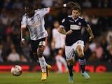 Hugo Rodallega of Fulham opens the scoring during the Sky Bet Championship match between Fulham and Bolton Wanderers at Craven Cottage on October 1, 2014
