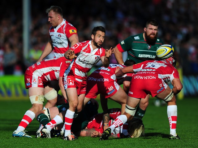 Greg Laidlaw of Gloucester releases a pass during the Aviva Premiership match between Gloucester and Leicester Tigers at Kingsholm Stadium on October 4, 2014