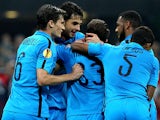  Danilo D'Ambrosio of FC Internazionale Milano celebrates with his team-mates after scoring the opening goal during the UEFA Europa League group F match between FC Internazionale Milano and Qarabag FK on October 2, 2014