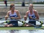 Great Britain's Katherine Grainger and Anna Watkins laugh after winning the women's double sculls final A of the rowing event during the London 2012 Olympic Games, at Eton Dorney Rowing Centre in Eton, west of London, on August 3, 2012