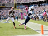 Kendall Wright #13 of the Tennessee Titans catches a pass for a touchdown during the game against the Cleveland Browns at LP Field on October 5, 2014 
