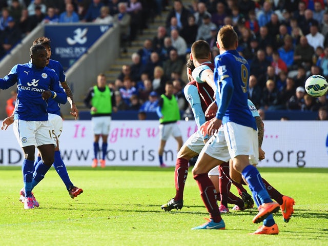 Jeffrey Schlupp of Leicester City scores their first goal during the Barclays Premier League match between Leicester City and Burnley at The King Power Stadium on October 4, 2014
