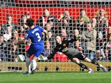 Leighton Baines of Everton takes and has a penalty kick saved by David De Gea of Manchester United during the Barclays Premier League at Old Trafford on October 5, 2014