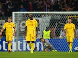 Dejected Steven Gerrard and Mario Balotelli of Liverpool after conceding the first goal during the UEFA Champions League Group B match between FC Basel 1893 and Liverpool FC at St. Jakob Stadium on October 1, 2014